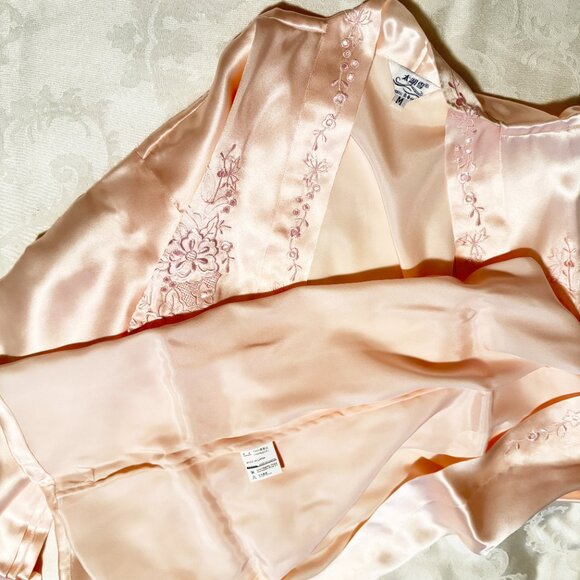 Luxury 100% Silk Embroidered 2-Piece Robe Cami Sleepwear Set - Peach Pink - Picture 5 of 10